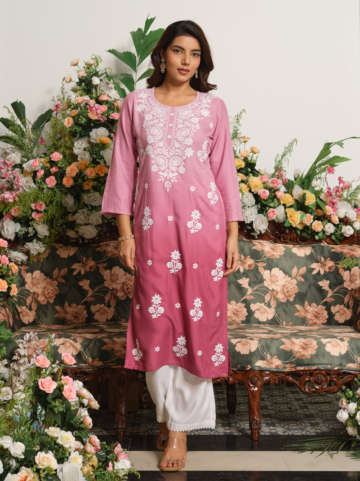 Rose pink classic chikankari straight cut kurti