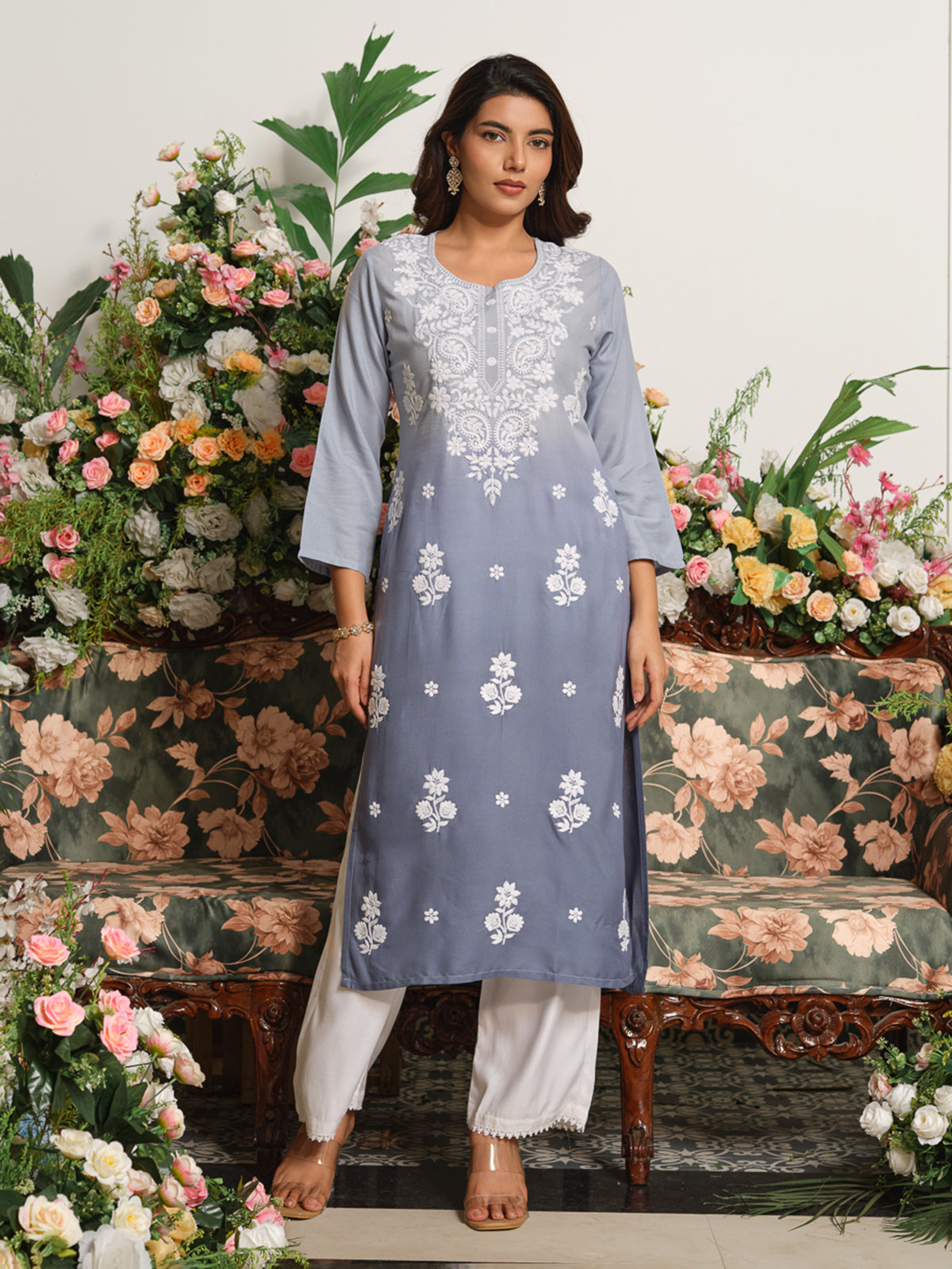 Slate grey premium ombre embroidered kurti