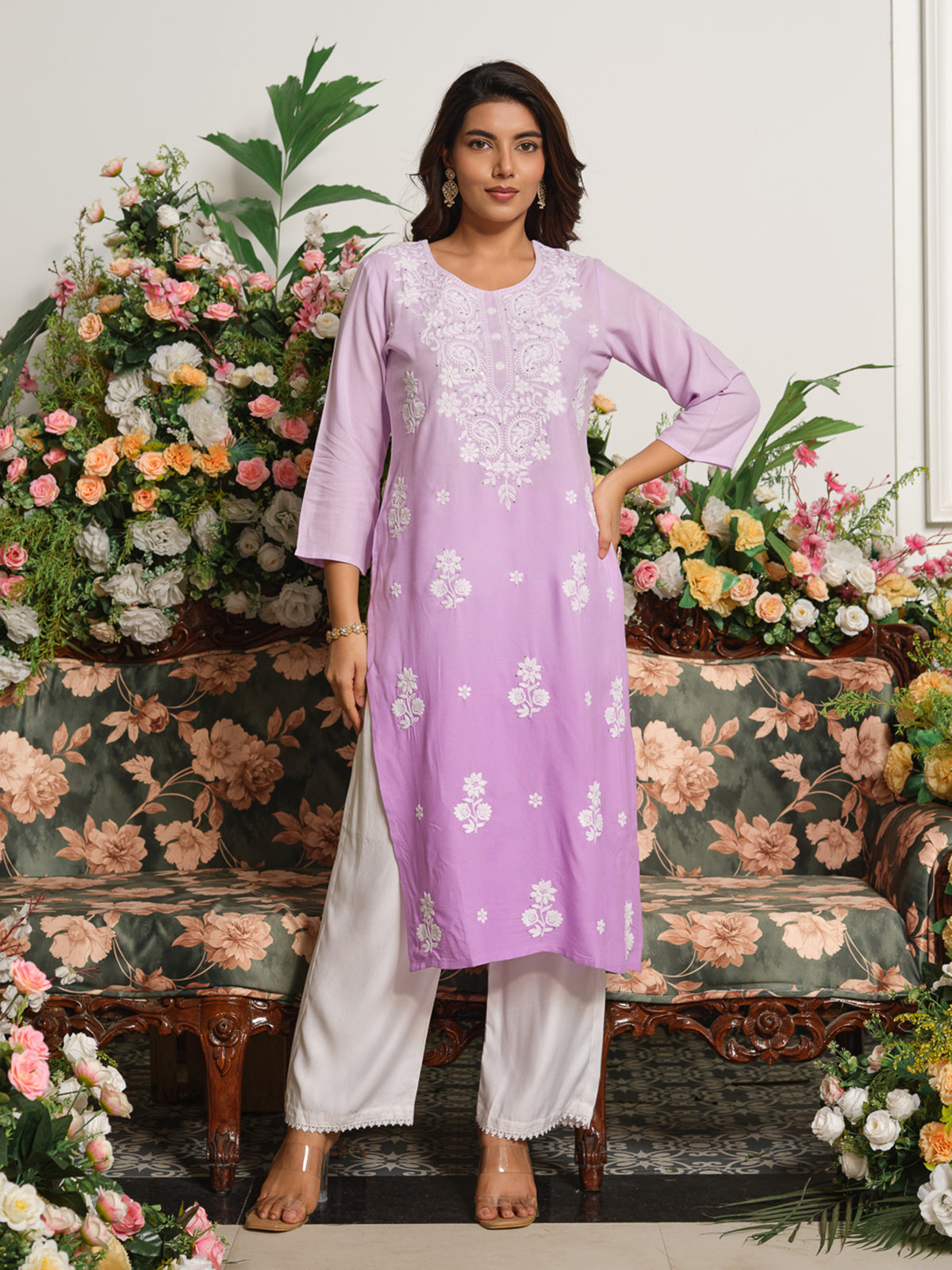Purple graceful chikankari cotton silk kurti