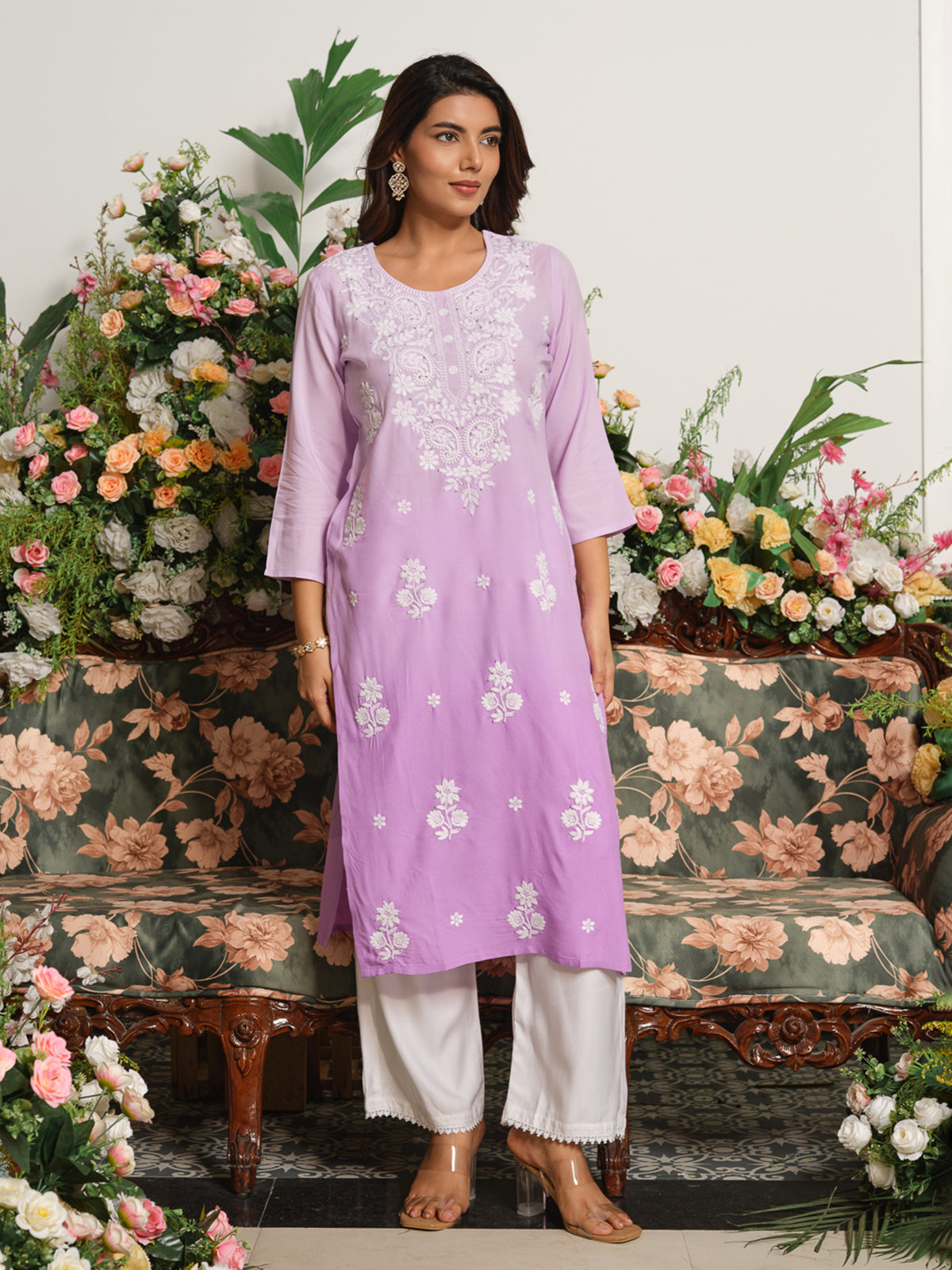 Purple graceful chikankari cotton silk kurti