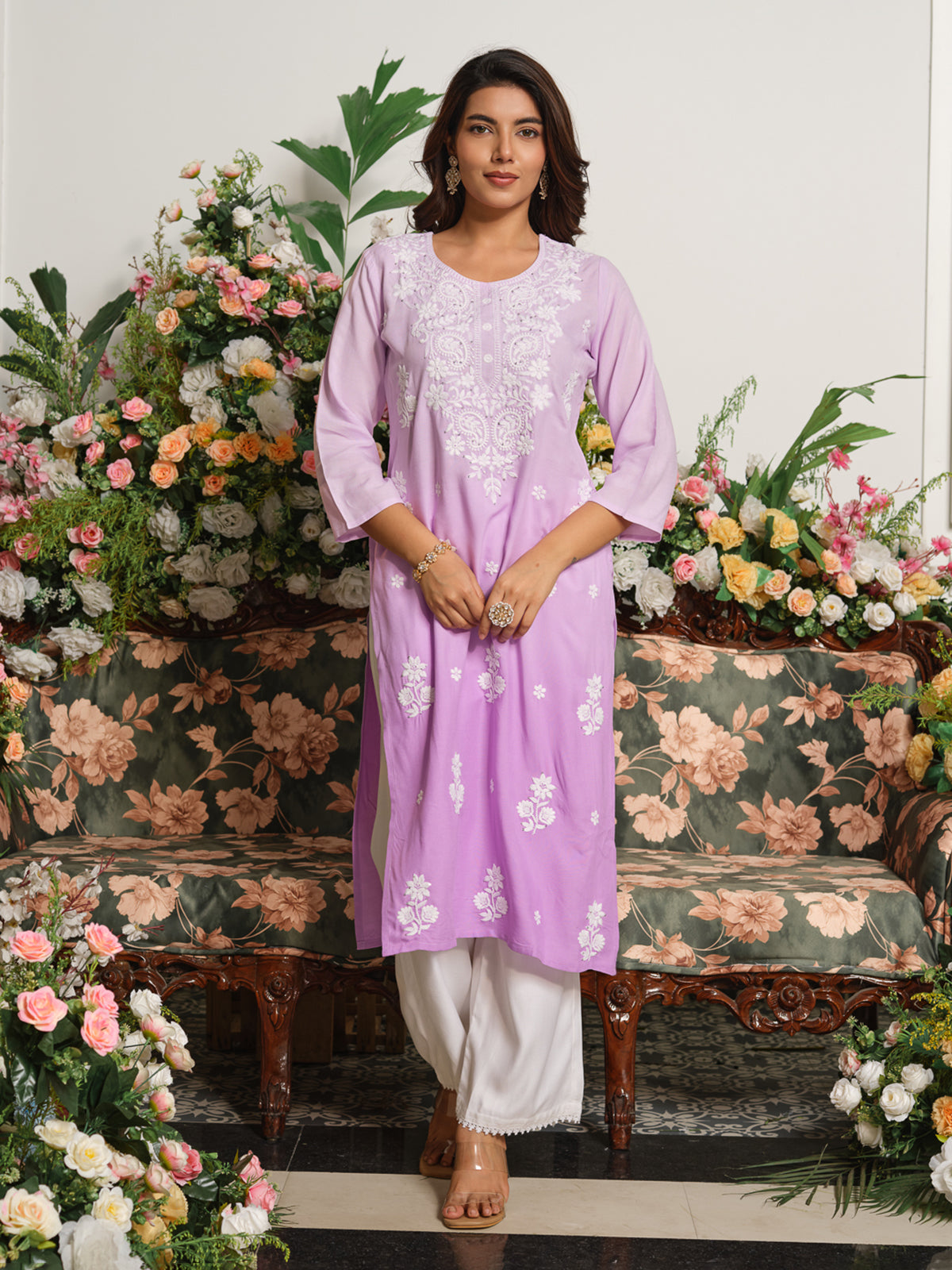 Purple graceful chikankari cotton silk kurti