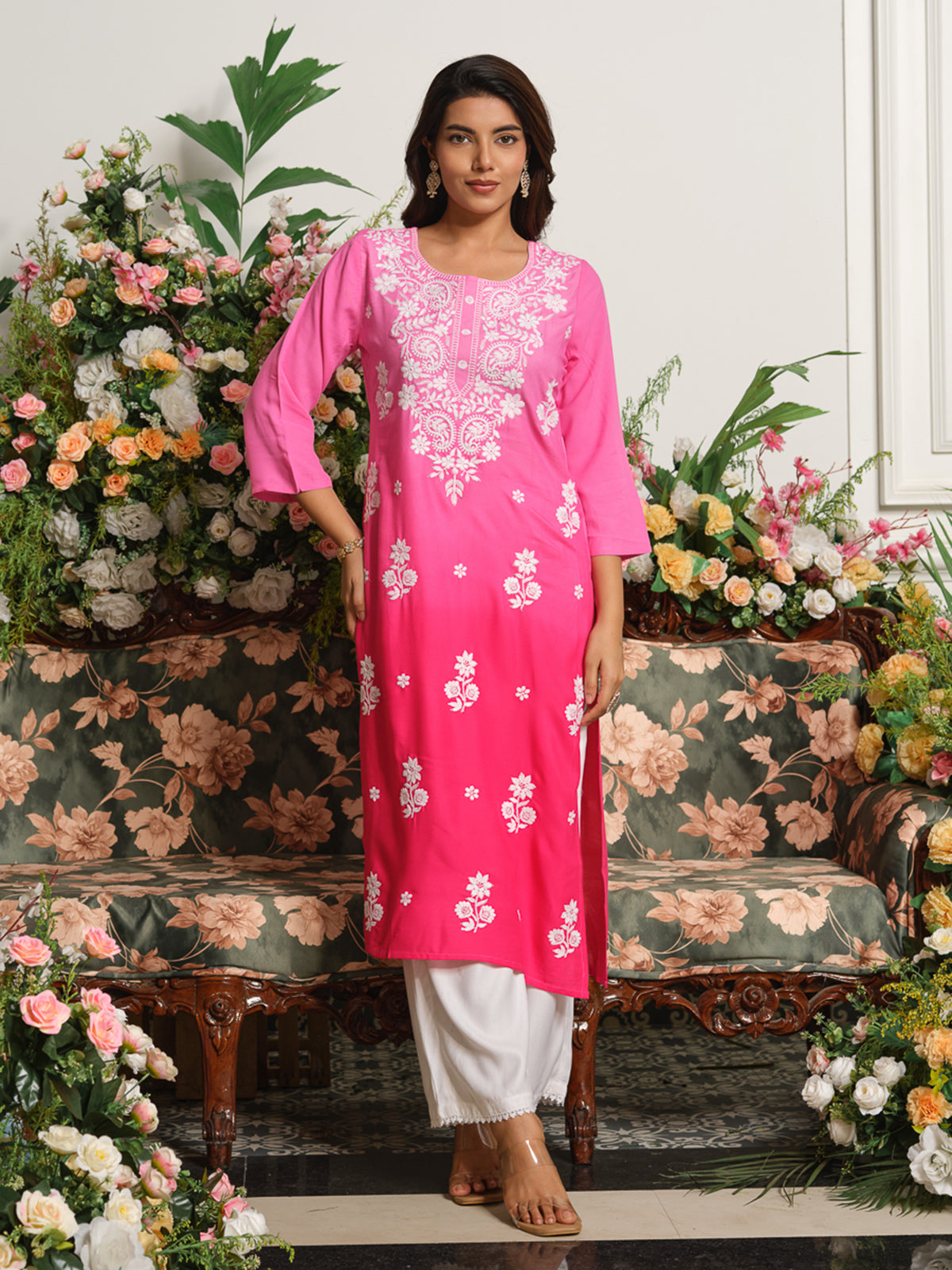 Hot pink designer ombre chikankari straight kurti
