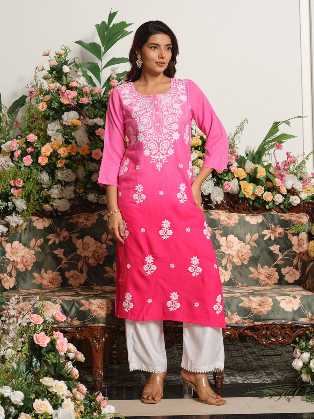 Hot pink designer ombre chikankari straight kurti