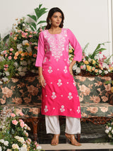 Hot pink designer ombre chikankari straight kurti