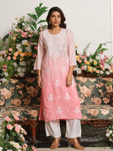 Pink ombre chikankari embroidered cotton silk kurti