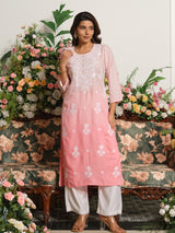 Pink ombre chikankari embroidered cotton silk kurti