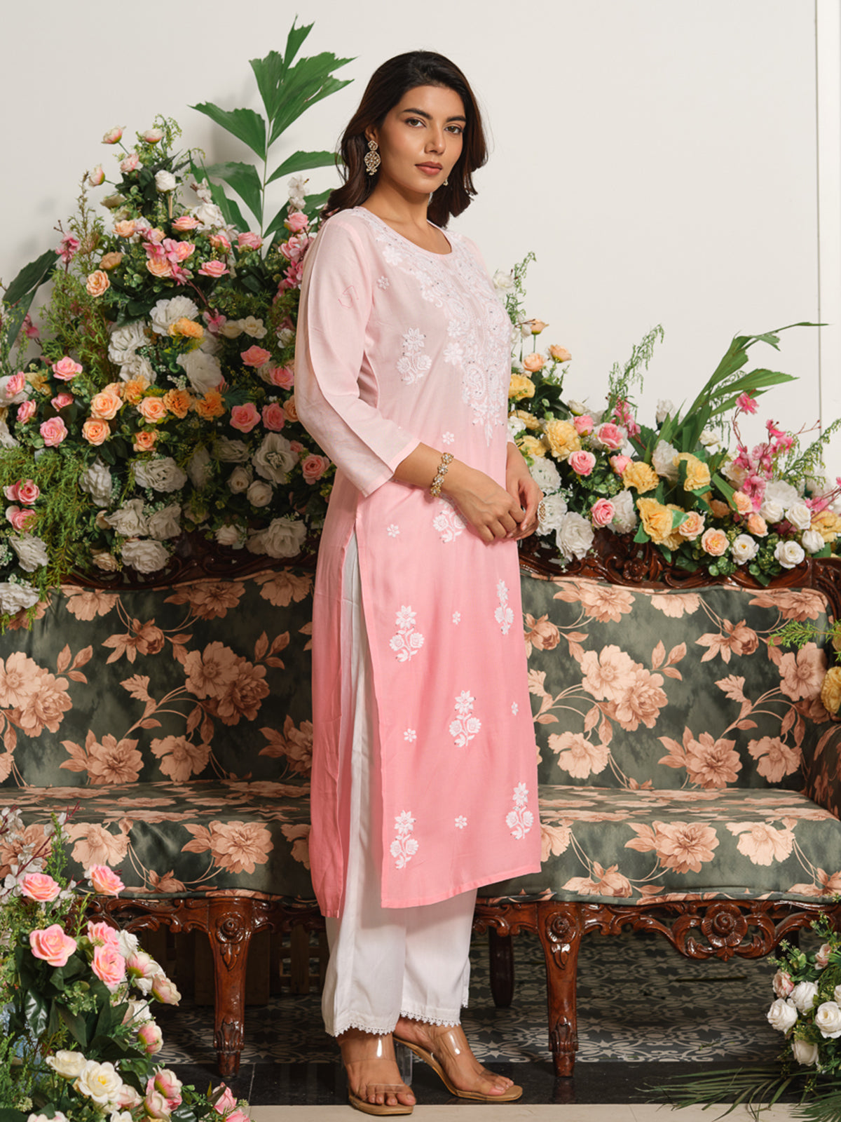 Pink ombre chikankari embroidered cotton silk kurti