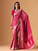 Deep pink georgette bridal saree with zardosi embellished elegance