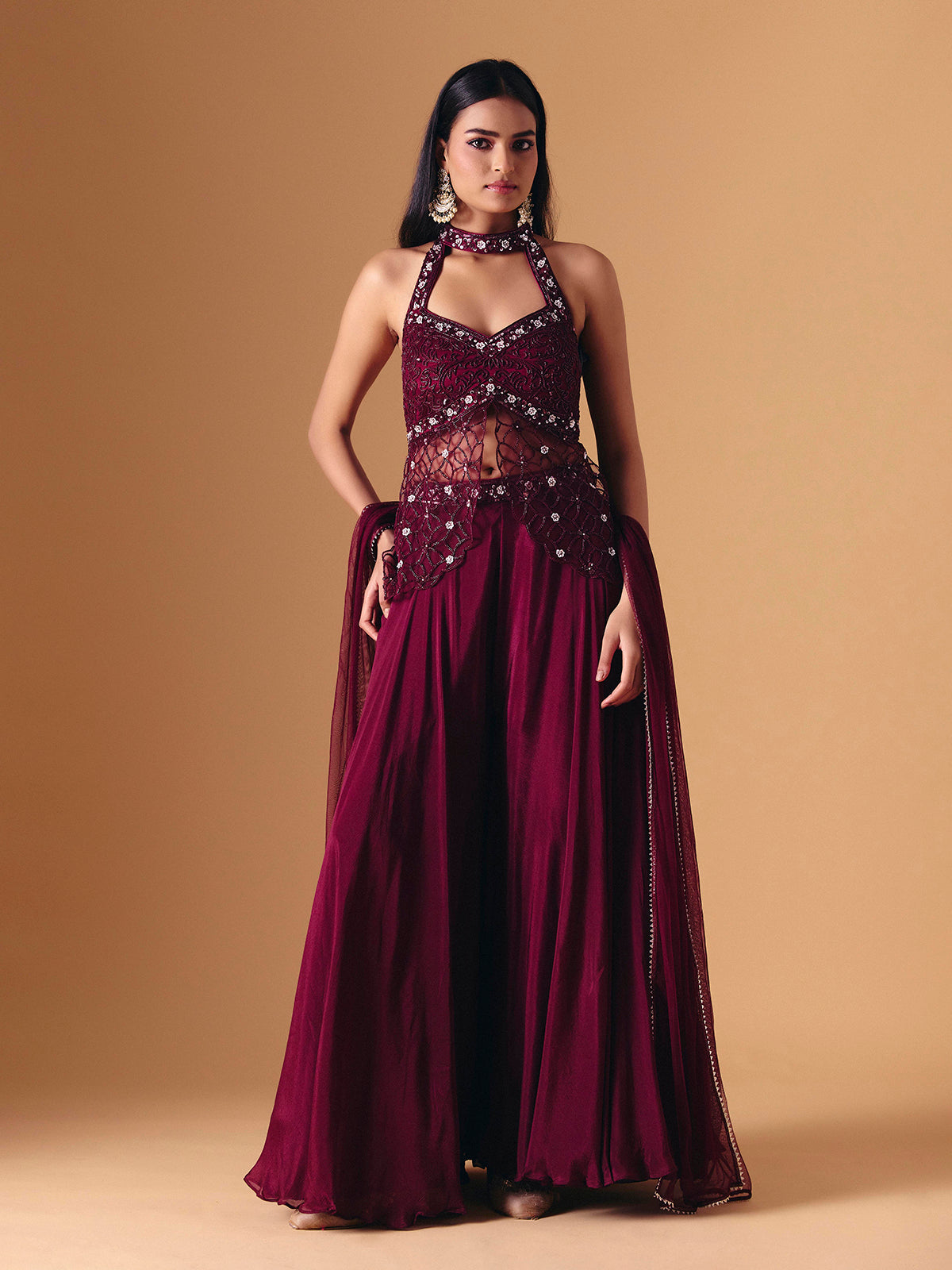 Wine crepe net designer palazzo salwar suit with dupatta