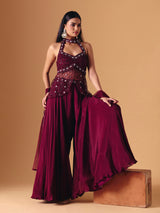 Wine crepe net designer palazzo salwar suit with dupatta