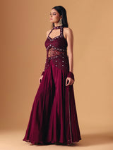 Wine crepe net designer palazzo salwar suit with dupatta