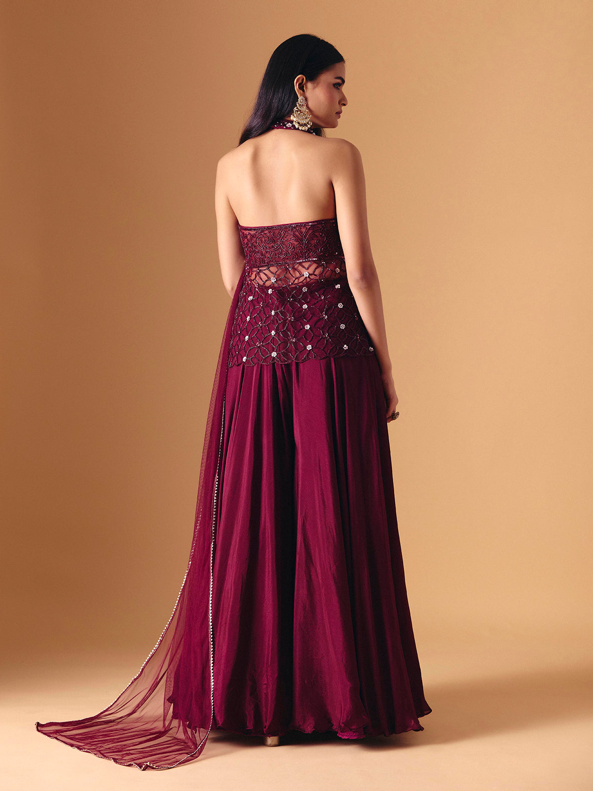 Wine crepe net designer palazzo salwar suit with dupatta