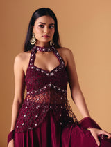 Wine crepe net designer palazzo salwar suit with dupatta