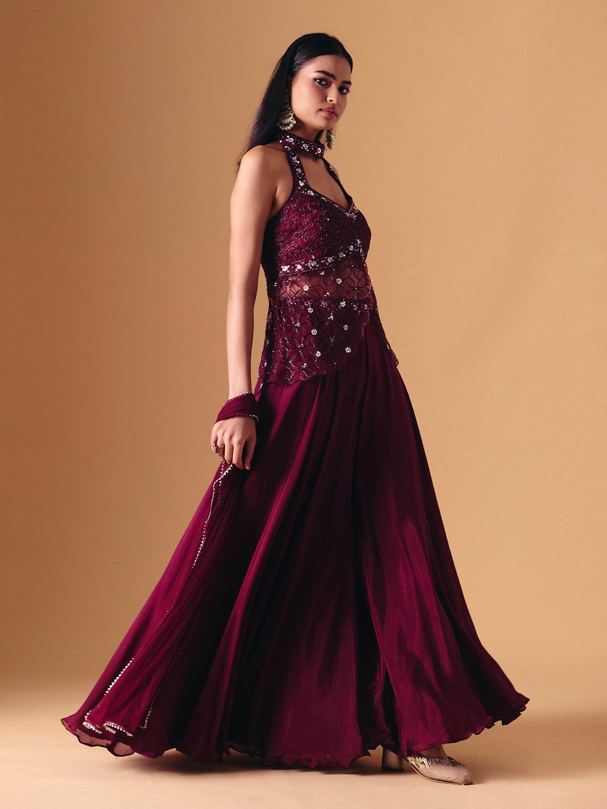 Wine crepe net designer palazzo salwar suit with dupatta