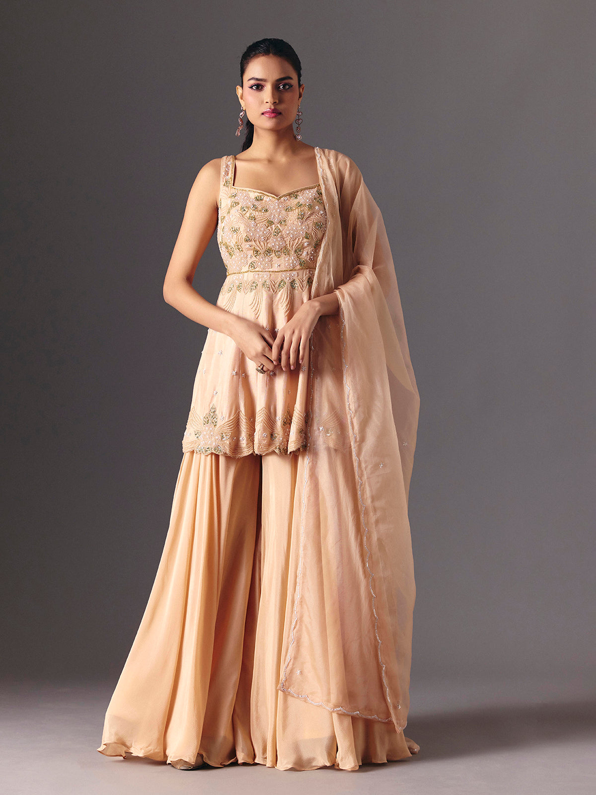 Peach silk palazzo salwar suit for wedding celebration
