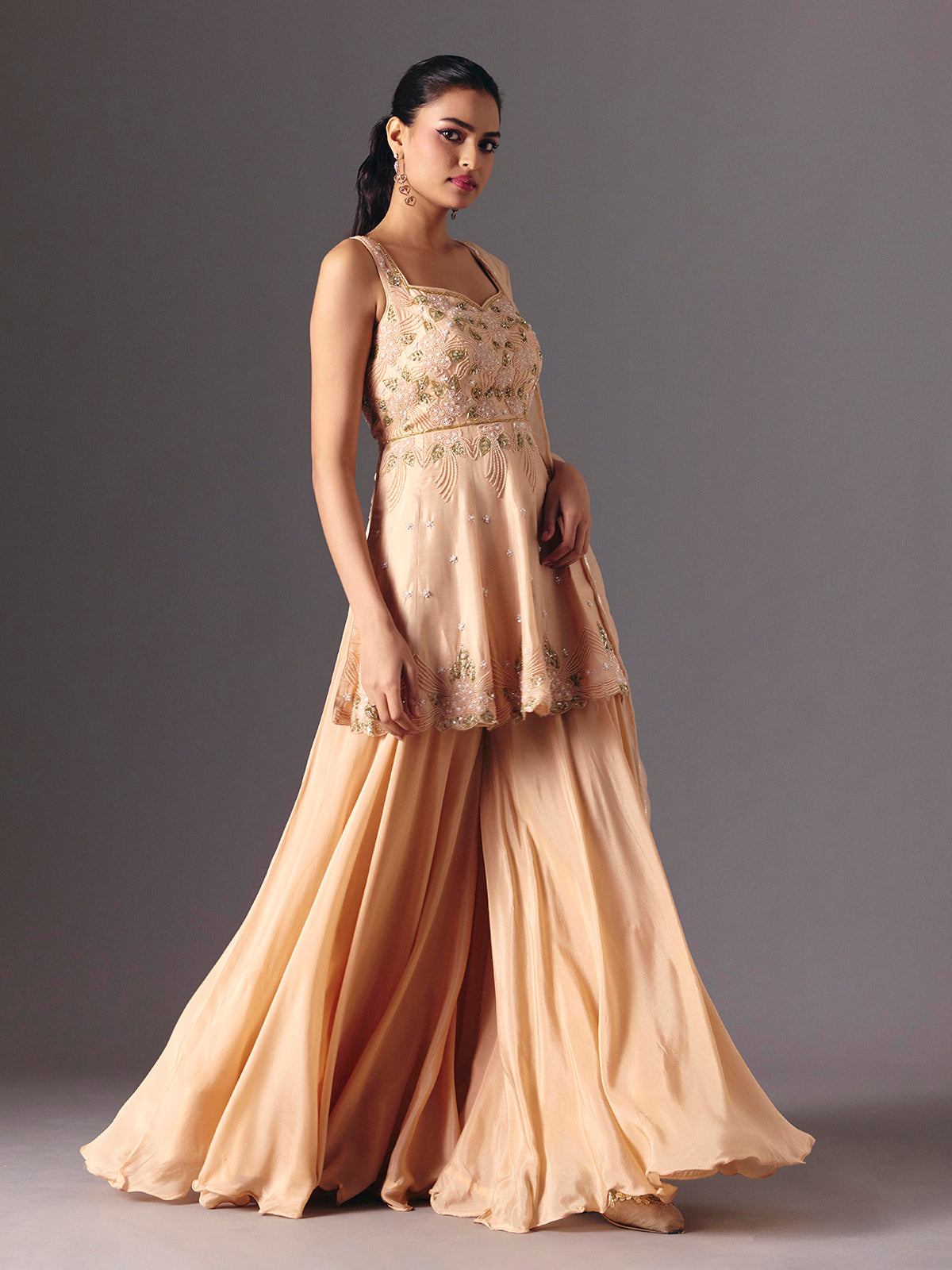 Peach silk palazzo salwar suit for wedding celebration