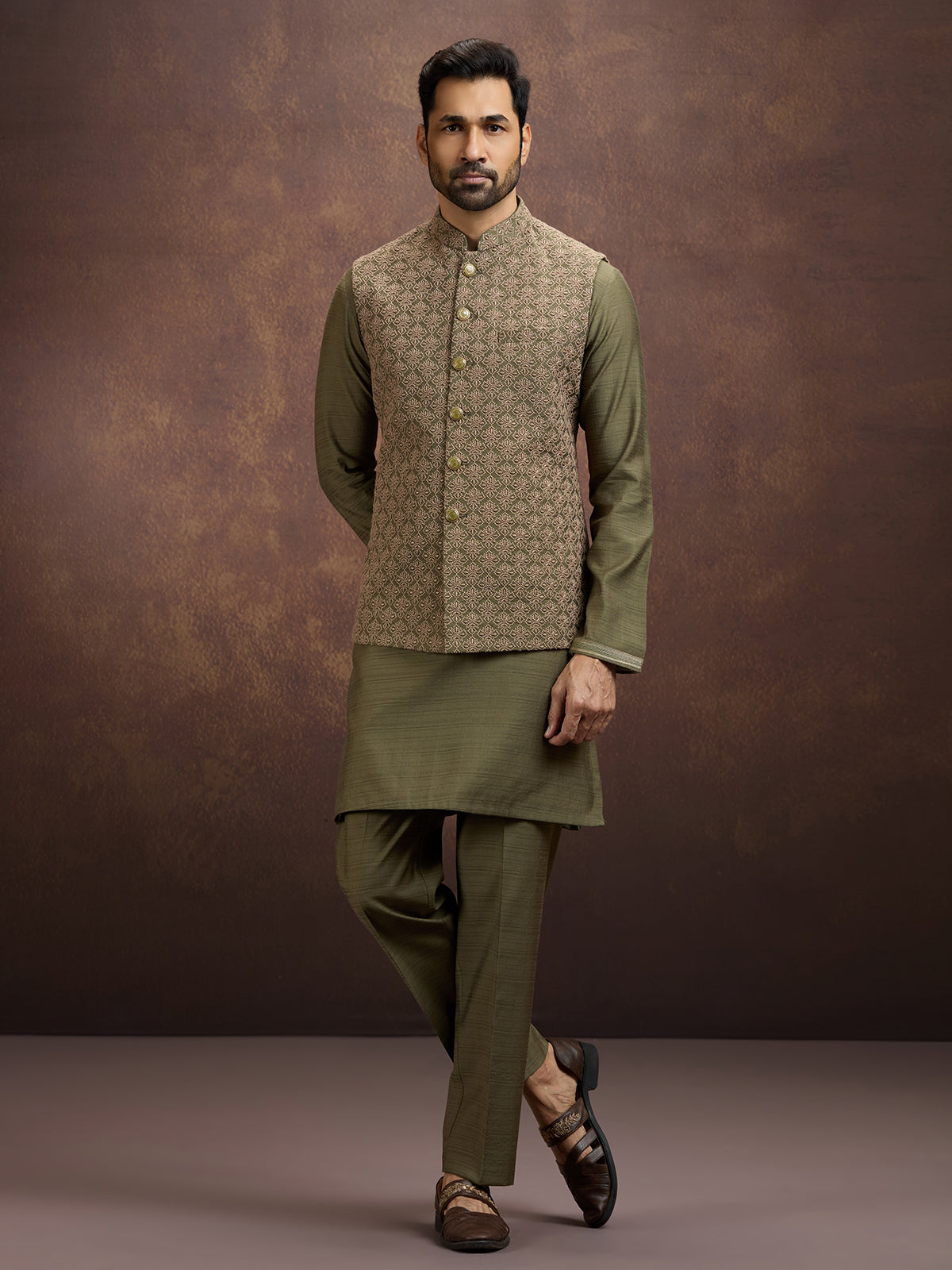 Olive royal embroidered silk waistcoat set