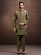 Olive royal embroidered silk waistcoat set
