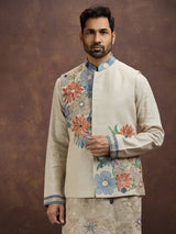 Cream artistic printed linen waistcoat set