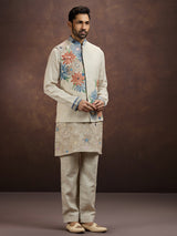 Cream artistic printed linen waistcoat set