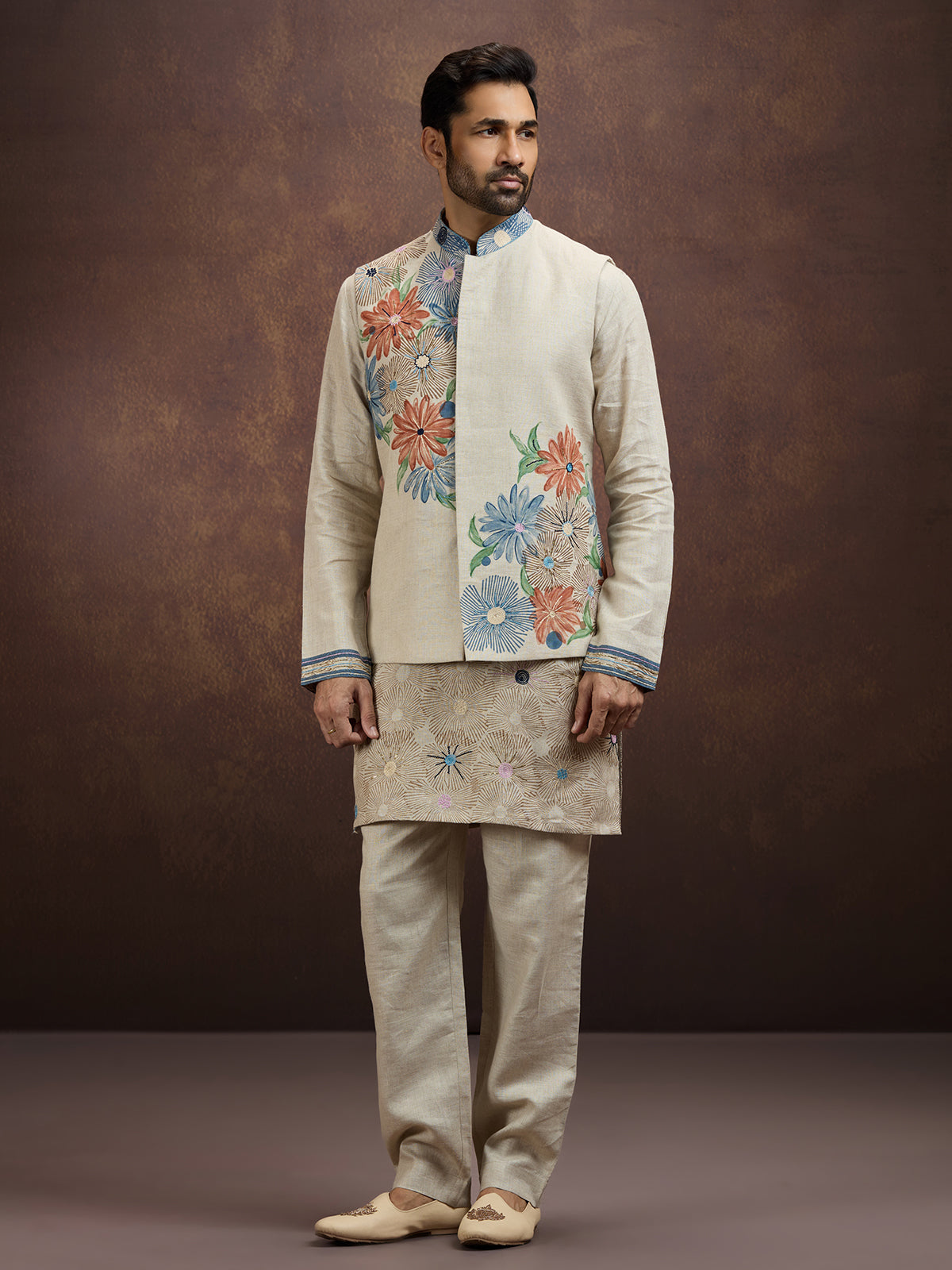 Cream artistic printed linen waistcoat set