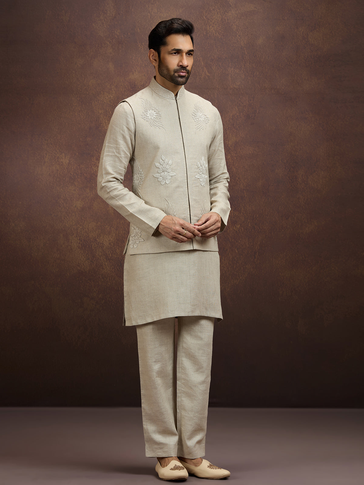 Cream elegant floral linen waistcoat set