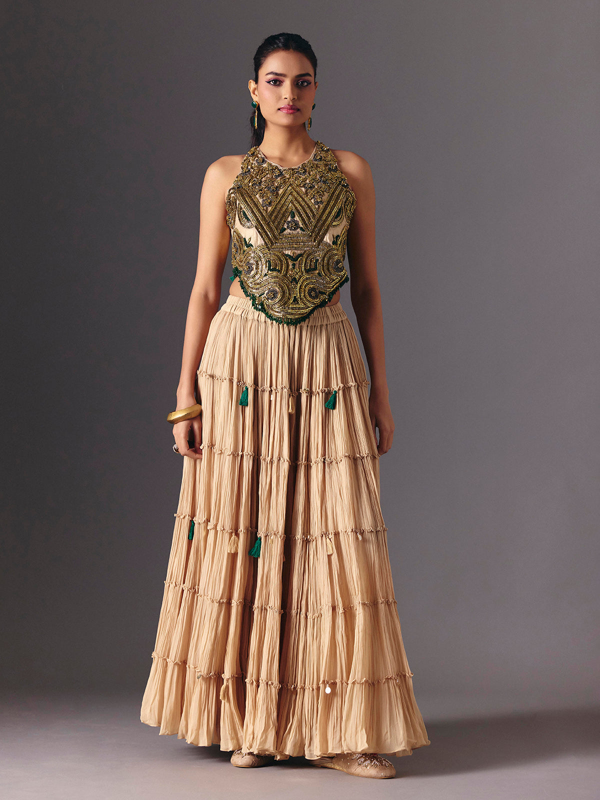 Beige chiffon designer palazzo salwar suit for festive wear