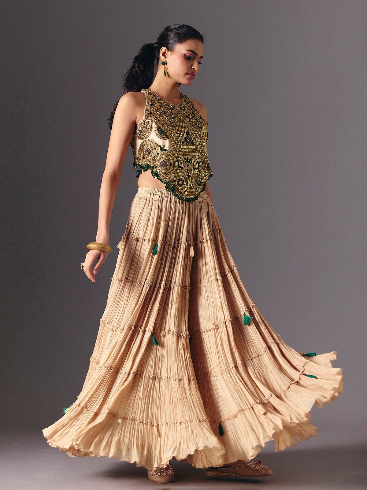 Beige chiffon designer palazzo salwar suit for festive wear