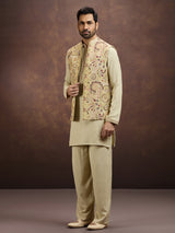 Light gold luxury embroidered silk waistcoat set