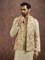 Light gold luxury embroidered silk waistcoat set