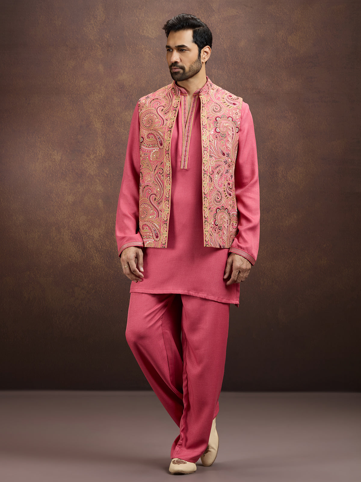 Pink premium embroidered silk waistcoat ensemble