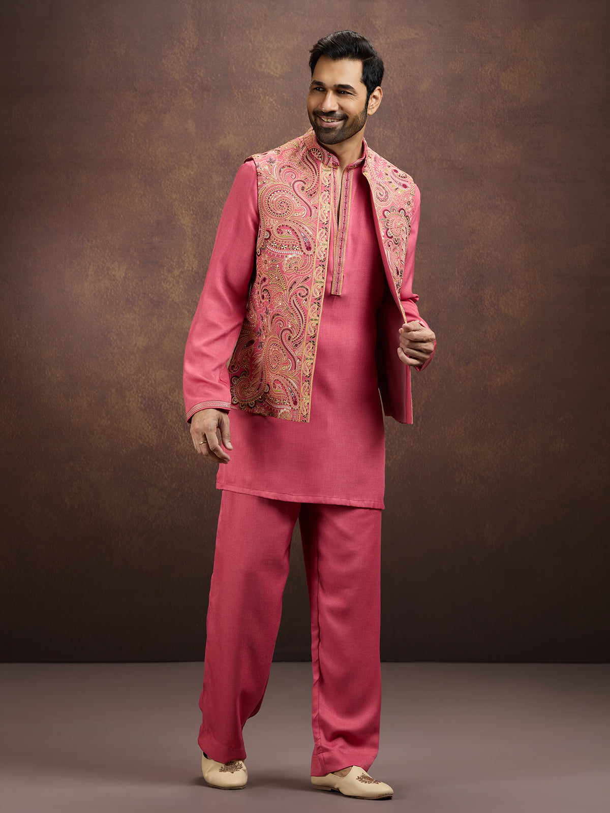 Pink premium embroidered silk waistcoat ensemble