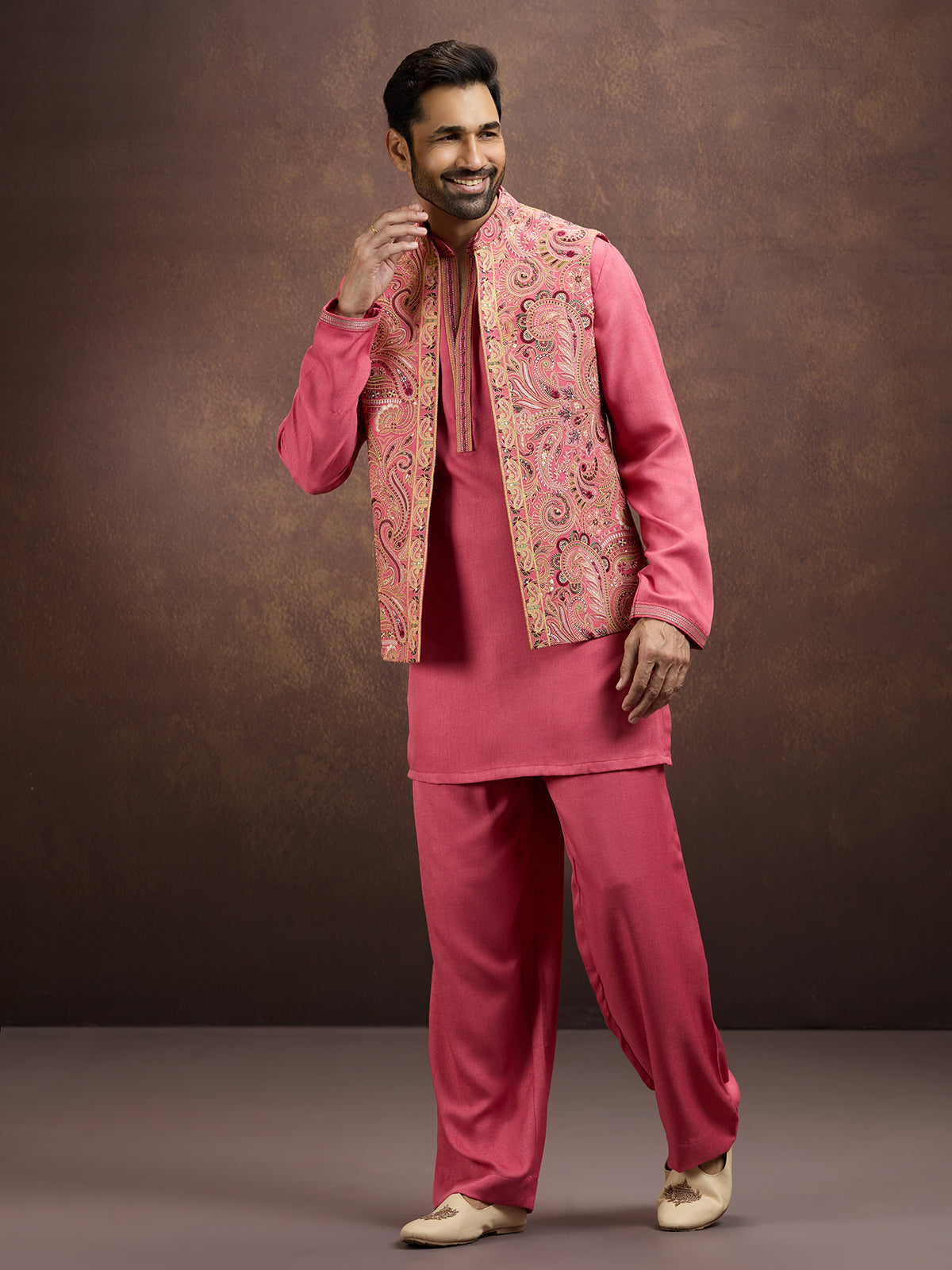 Pink premium embroidered silk waistcoat ensemble