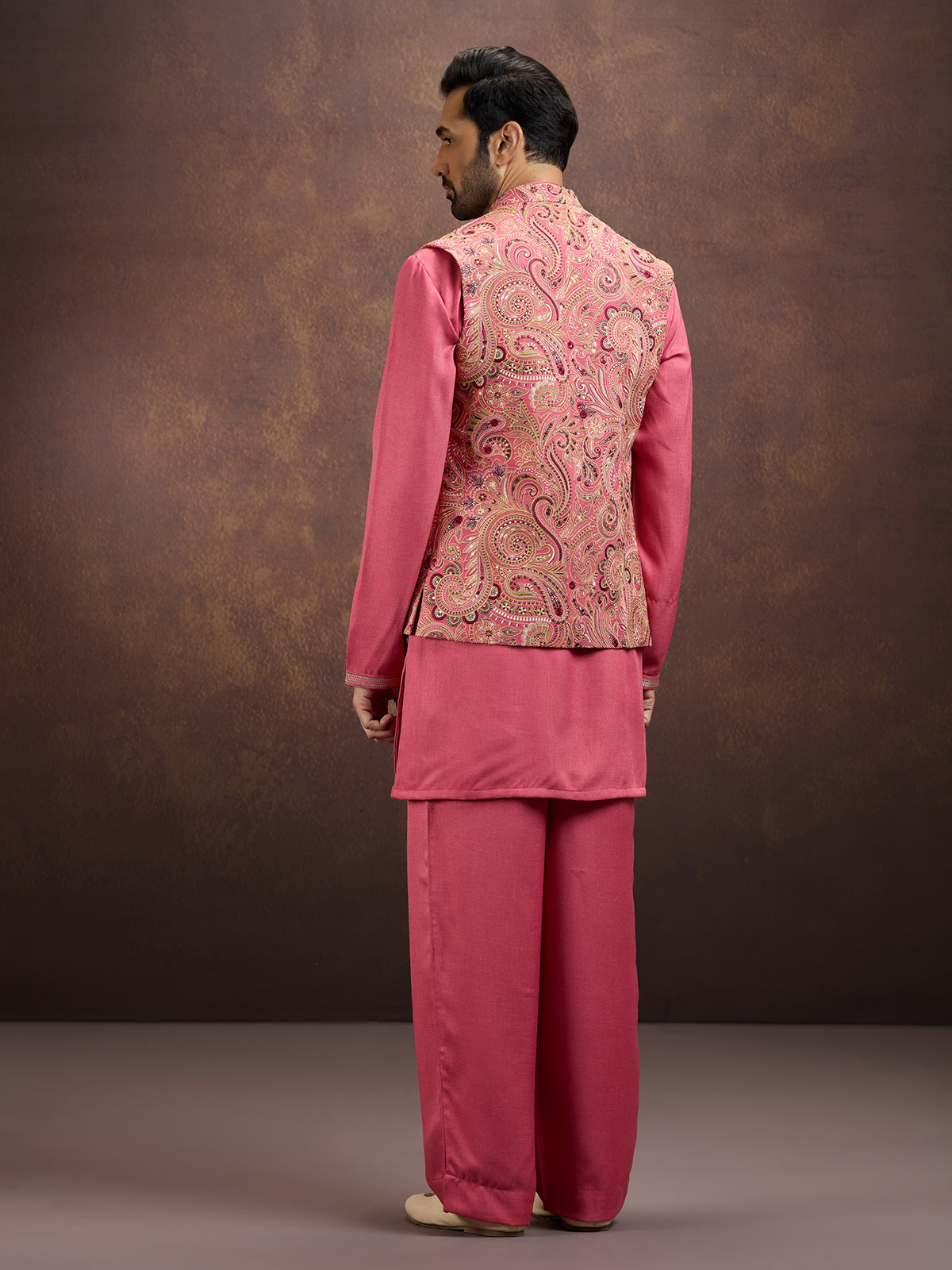 Pink premium embroidered silk waistcoat ensemble