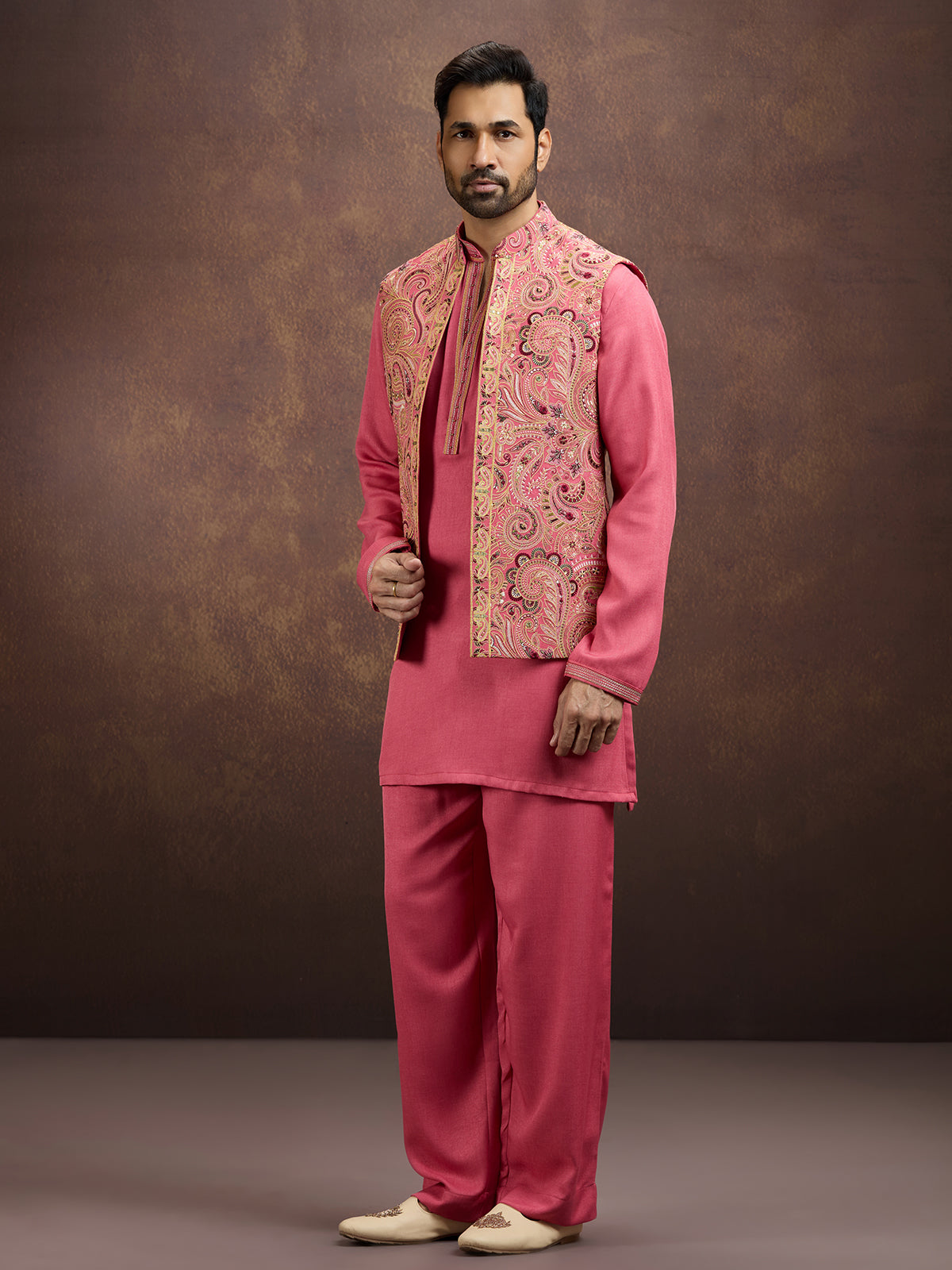 Pink premium embroidered silk waistcoat ensemble