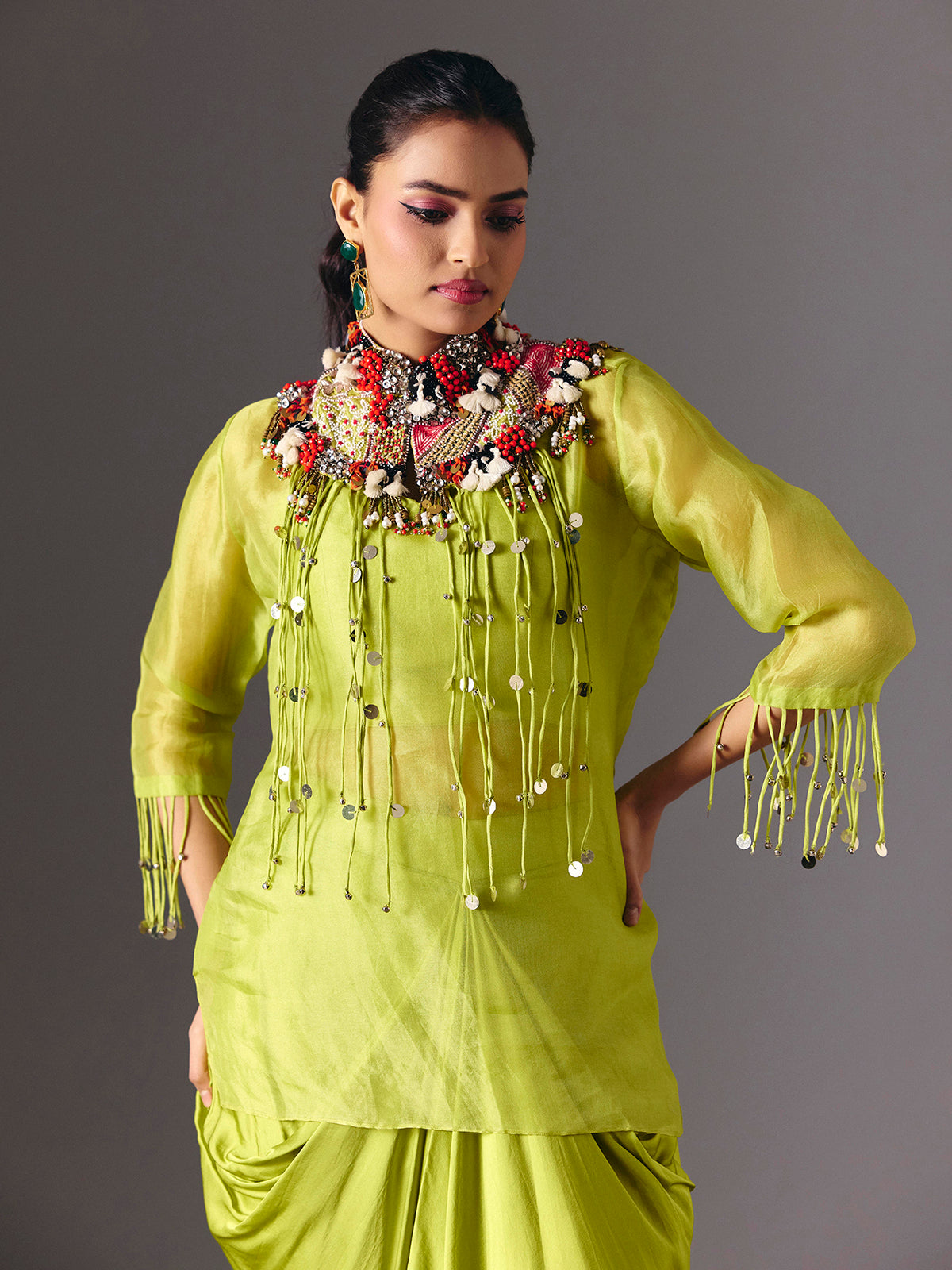 Light green tissue silk designer indo western salwar suit