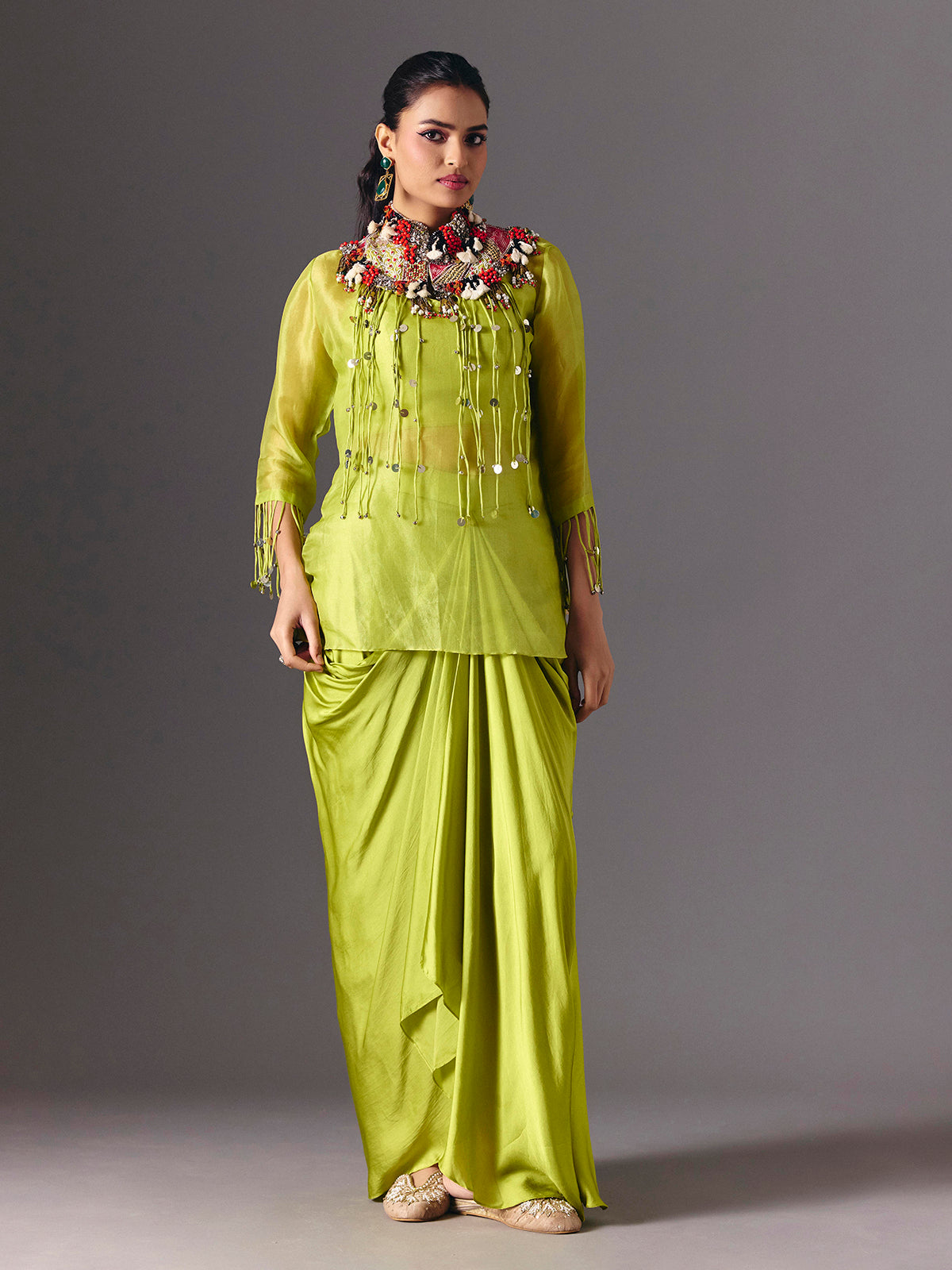 Light green tissue silk designer indo western salwar suit