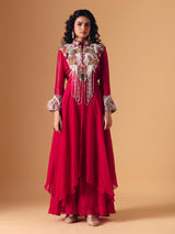 Maroon tissue silk designer indo western palazzo suit