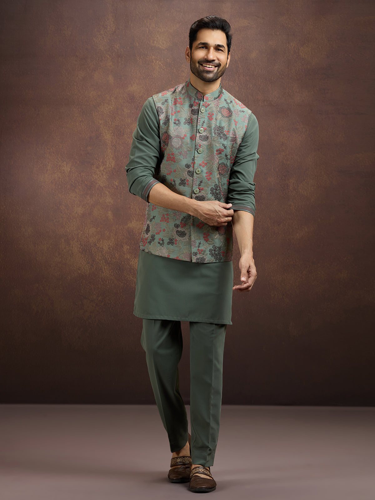 Sage green heritage silk waistcoat set