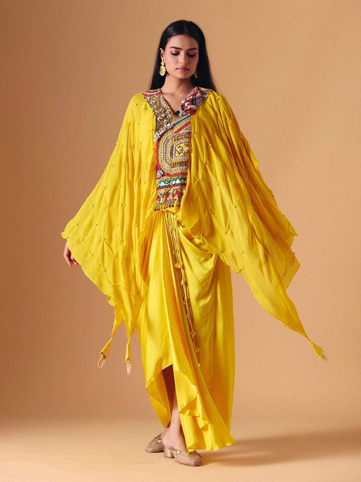 Yellow designer Indo western crepe georgette salwar suit for women