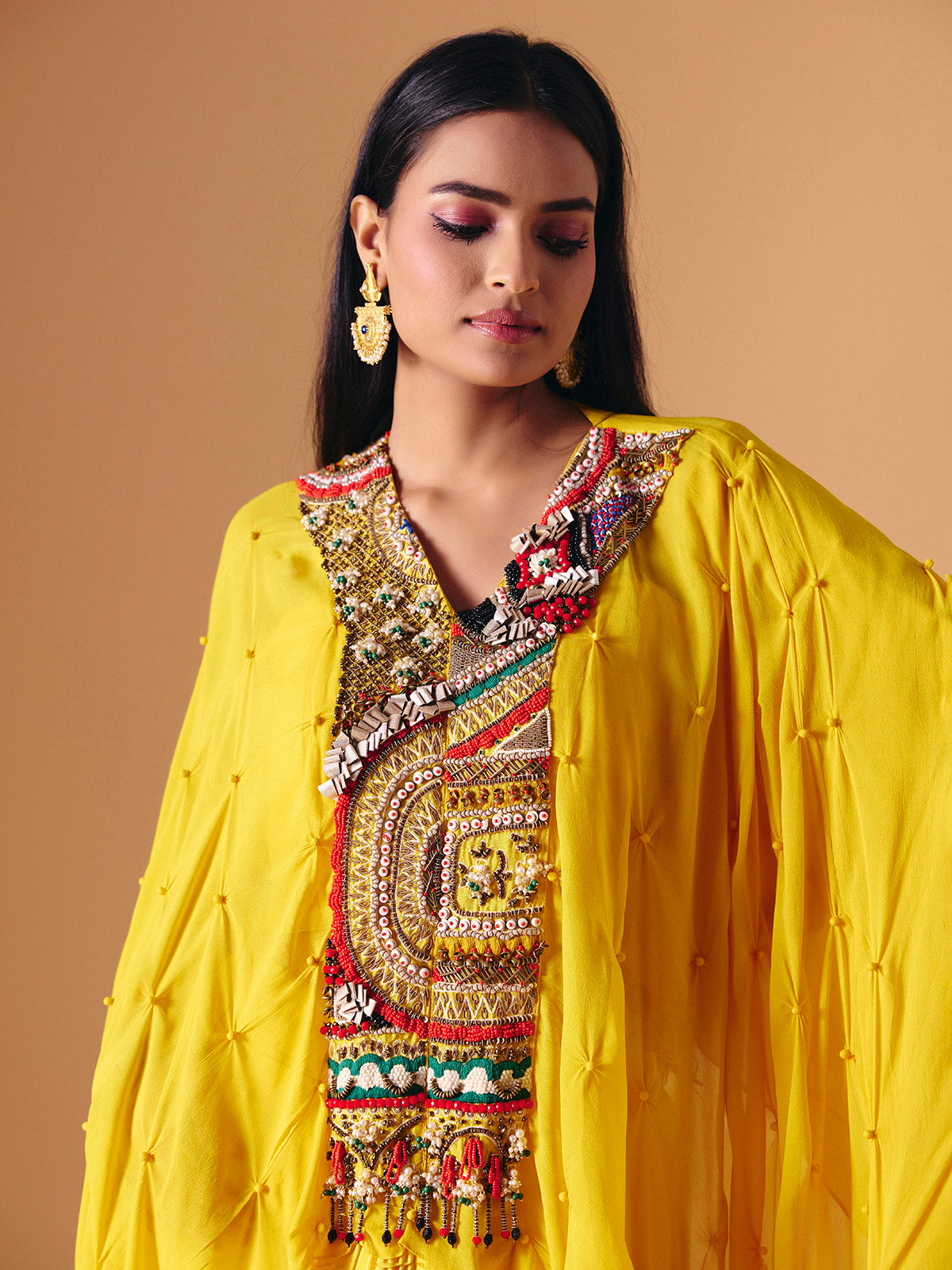 Yellow designer Indo western crepe georgette salwar suit for women