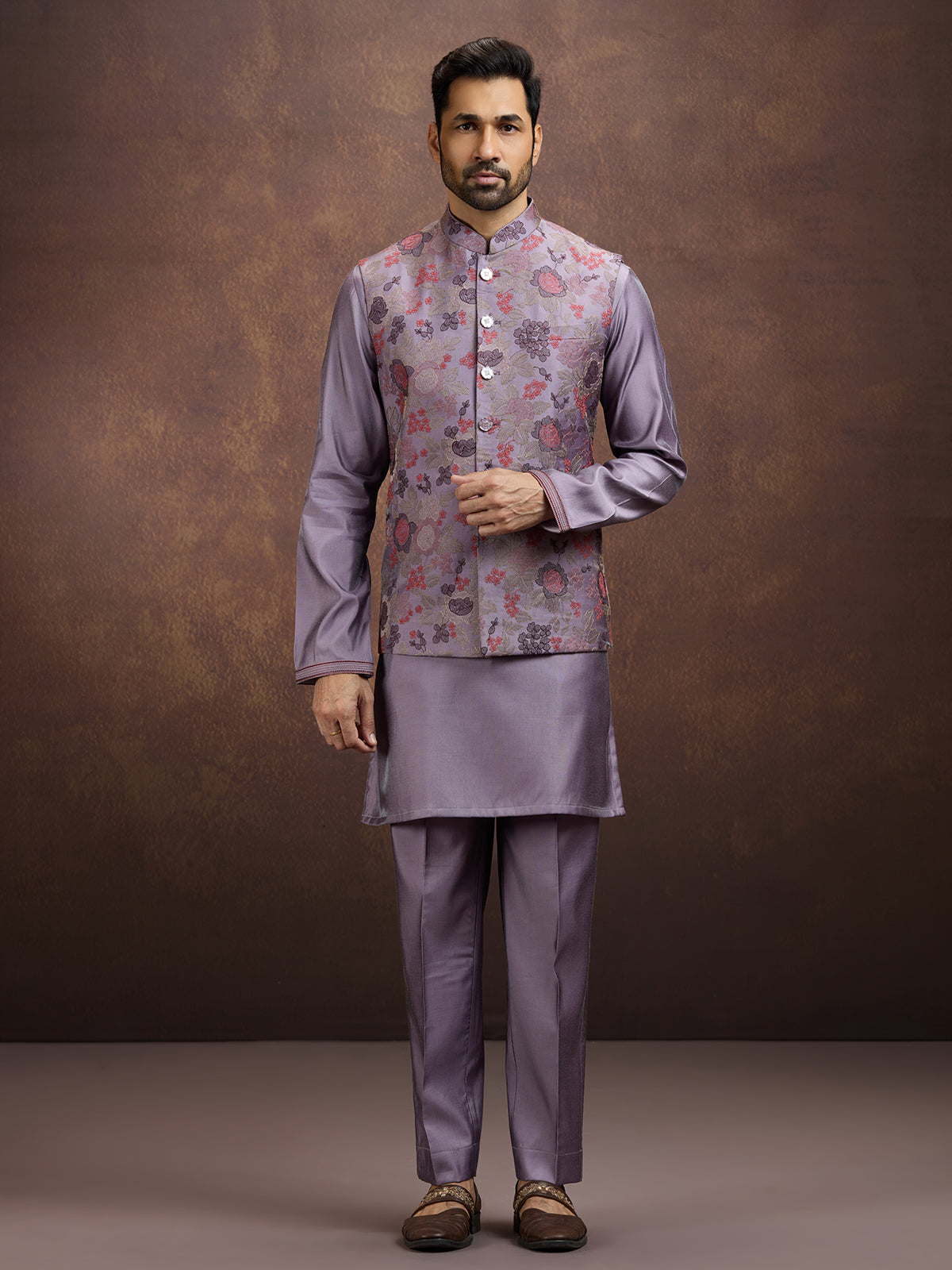 Purple classic jacquard silk waistcoat set