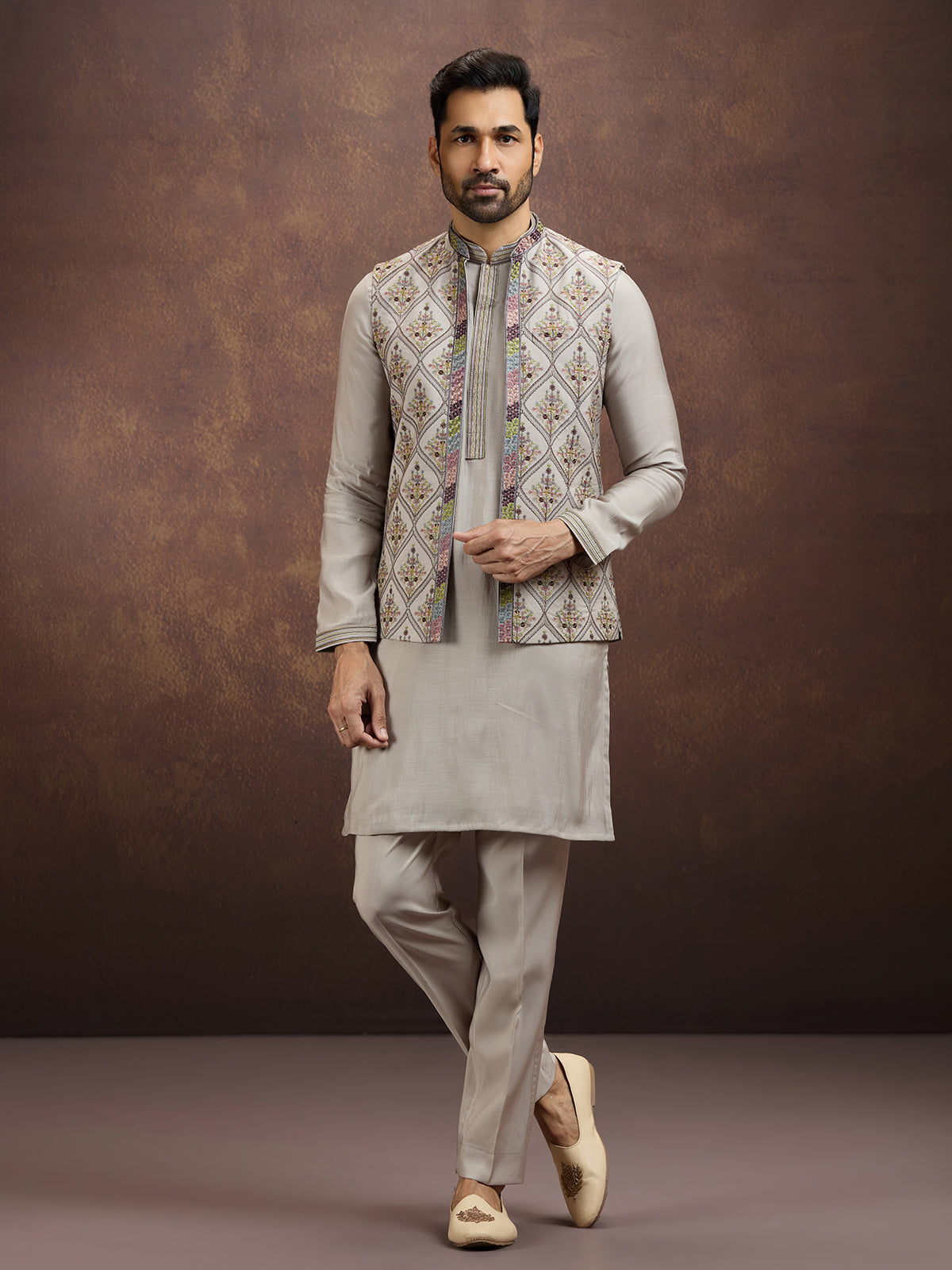 Grey designer embroidered silk waistcoat set