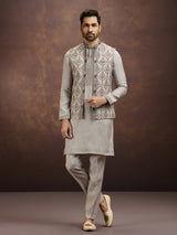 Grey designer embroidered silk waistcoat set