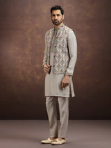 Grey designer embroidered silk waistcoat set