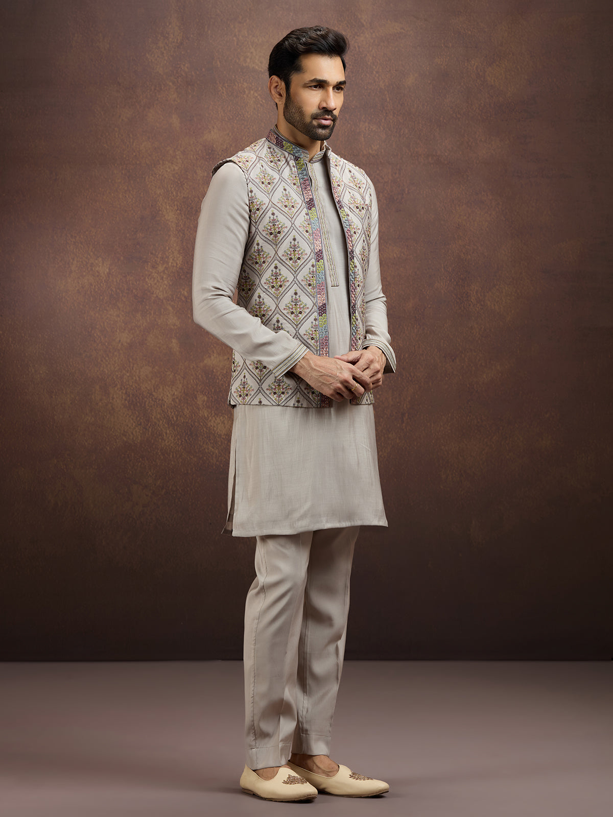 Grey designer embroidered silk waistcoat set