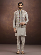 Grey designer embroidered silk waistcoat set