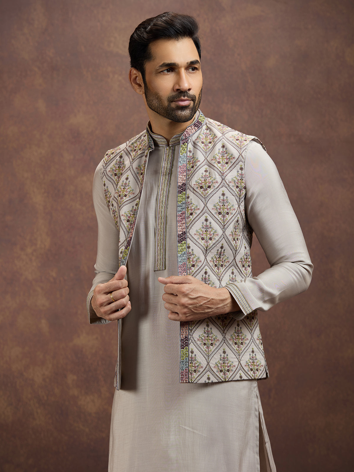 Grey designer embroidered silk waistcoat set