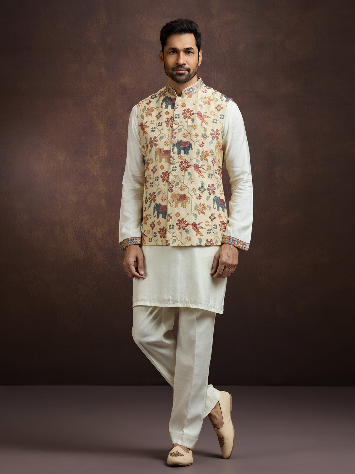 Off white heritage silk waistcoat set
