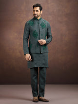 Green premium embroidered linen waistcoat set